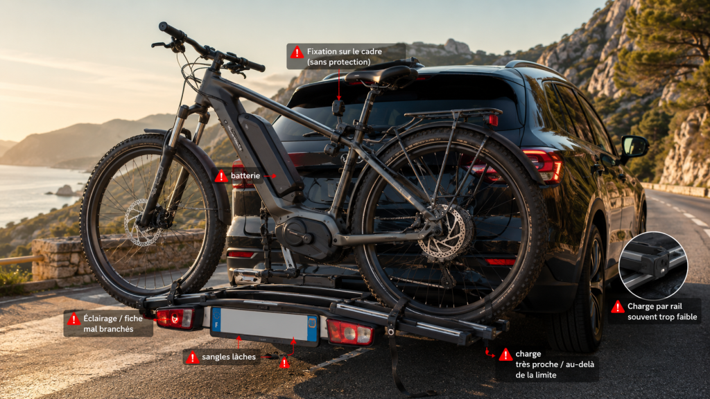 Erreurs à éviter lors du transport d’un VAE lourd sur porte-vélo arrière.