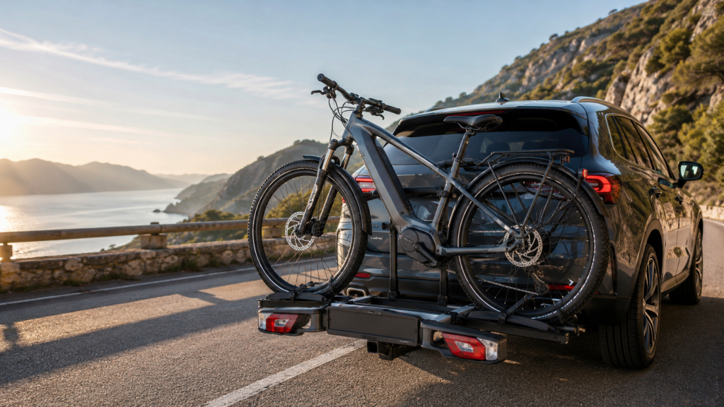 Porte-vélo électrique robuste transportant un VAE lourd de 30 kg à l’arrière d’une voiture.