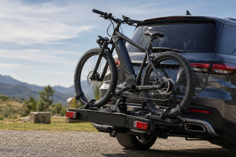 Porte-vélo installé à l’arrière d’une voiture avec un vélo électrique fixé dessus