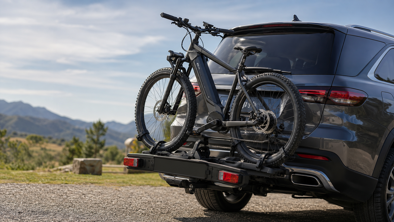 Porte-vélo installé à l’arrière d’une voiture avec un vélo électrique fixé dessus