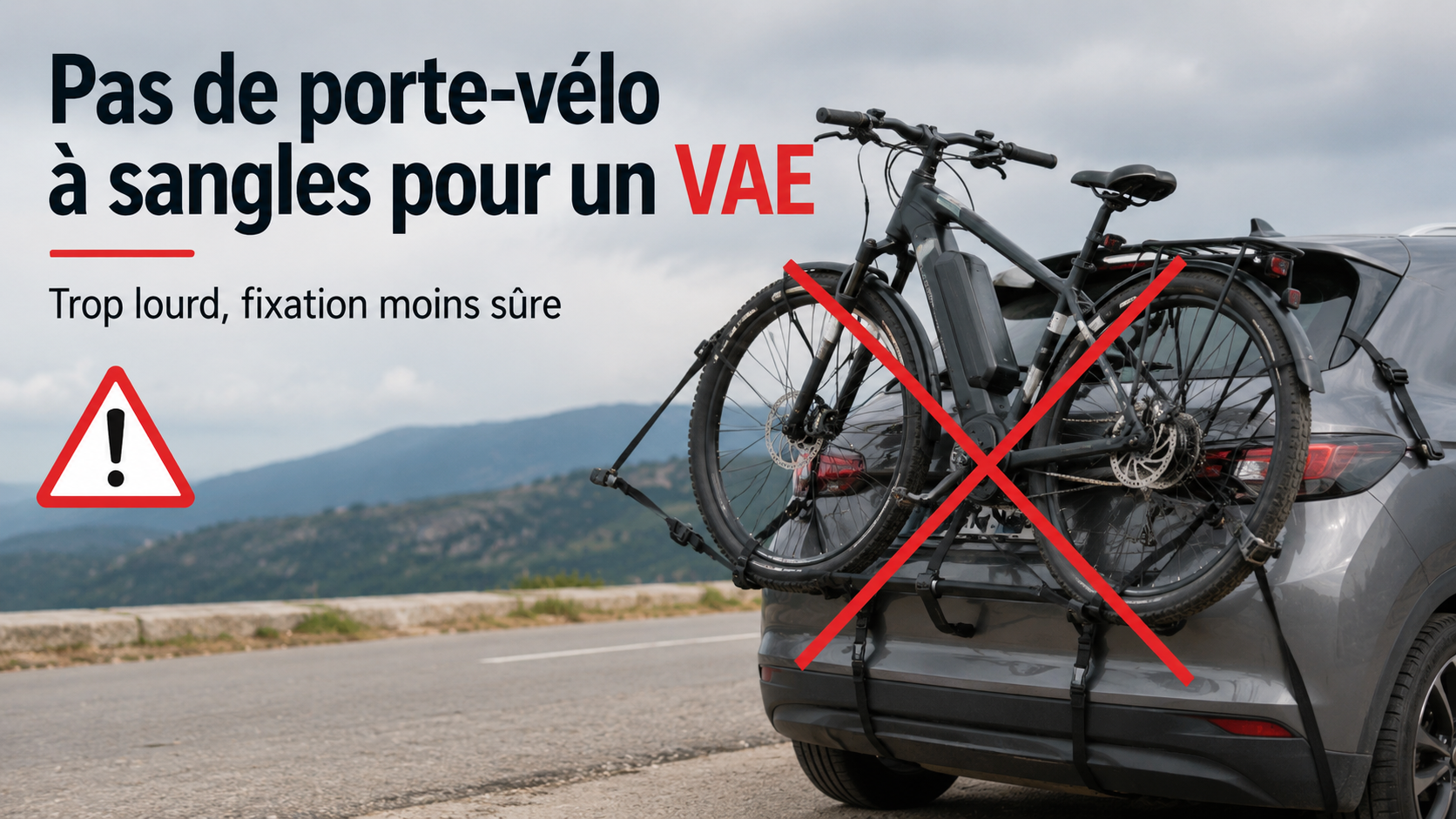 Illustration montrant qu’un porte-vélo à sangles n’est pas adapté pour transporter un vélo électrique VAE