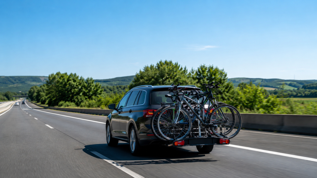 Un porte-vélo bien fixé à l’arrière d’une voiture permet de transporter ses vélos en toute sécurité avant un départ en vacances.