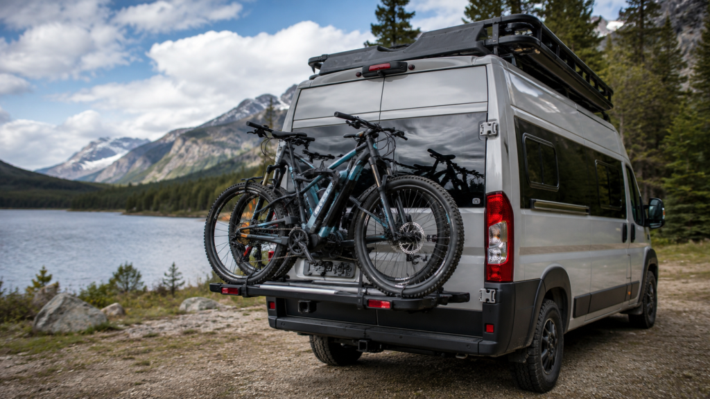 Fourgon aménagé équipé d’un porte-vélo arrière, idéal pour transporter ses vélos lors de voyages, road trips et escapades en pleine nature.