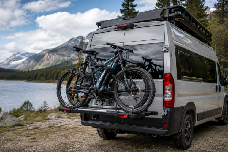 Fourgon aménagé équipé d’un porte-vélo arrière, idéal pour transporter ses vélos lors de voyages, road trips et escapades en pleine nature.