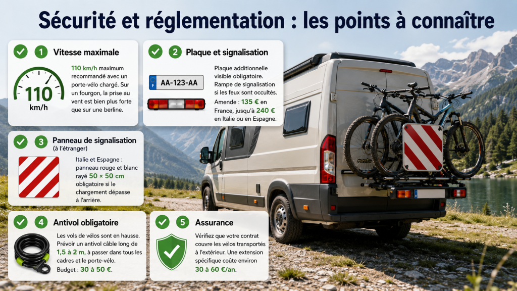Les points essentiels à connaître pour rouler avec un porte-vélo sur fourgon aménagé : vitesse recommandée, plaque visible, signalisation, antivol et assurance.
