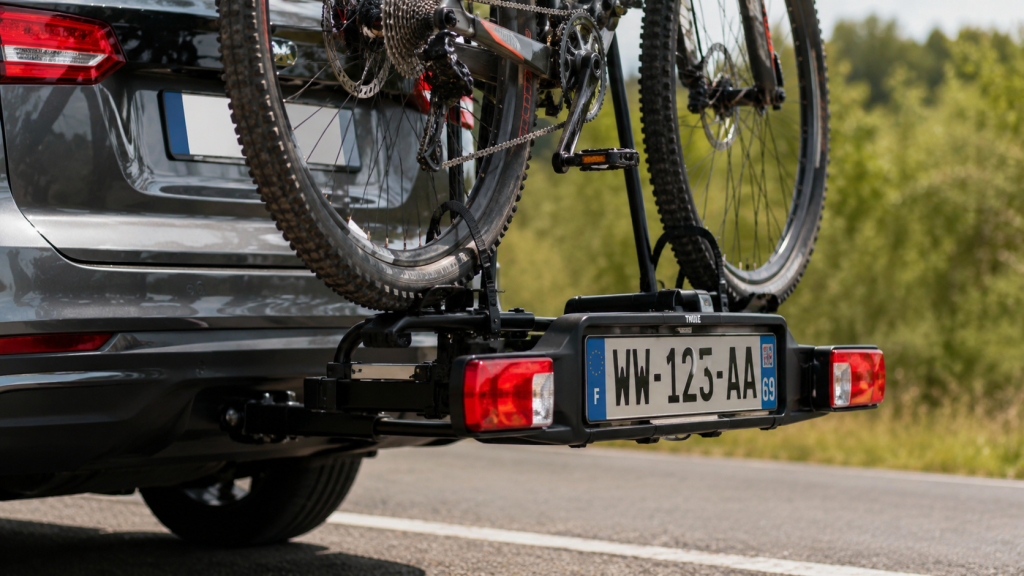 Porte-vélo attelage avec plaque d'immatriculation additionnelle et rampe de feux
